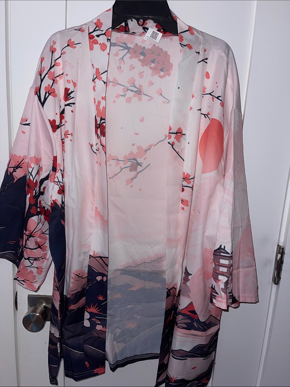 Cherry Blossom Print Open-Front Kimono Jacket - Pink